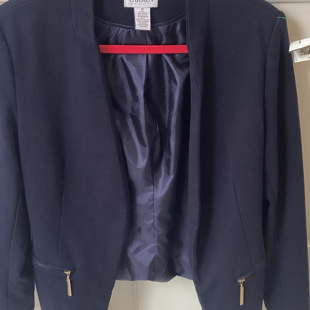 Carmen Marc Valvo Navy Open-Front Blazer with Gold Zippers